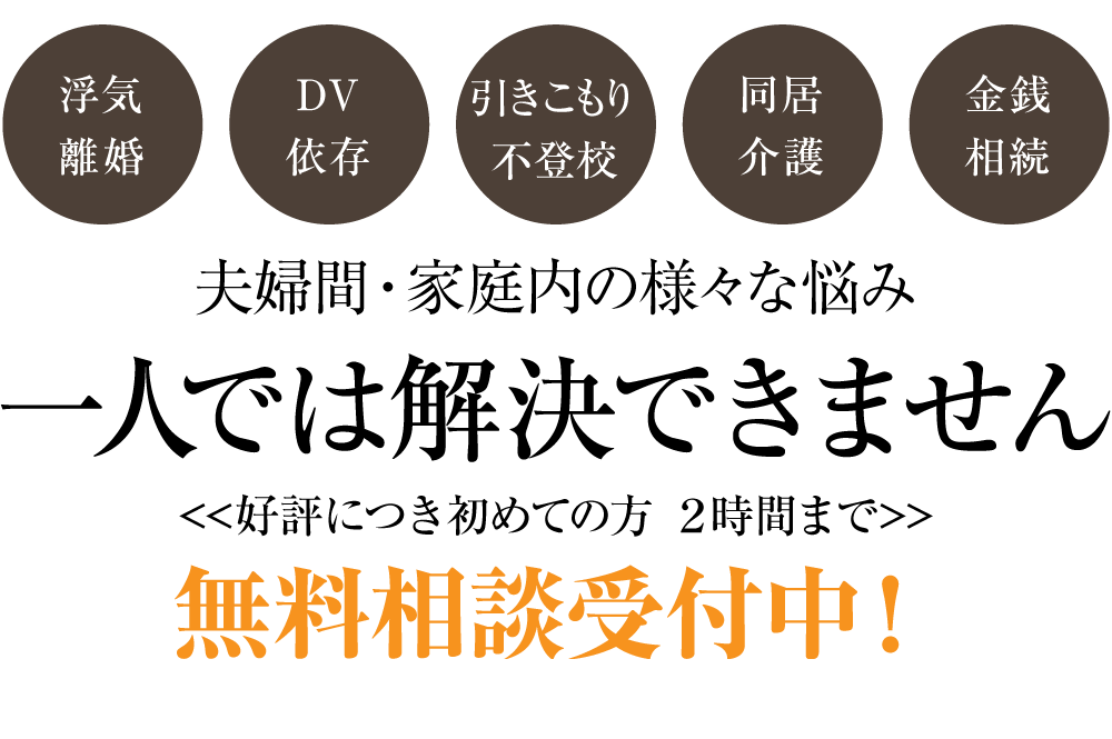 夫婦間・家庭内の様々なお悩み 一人では解決できません。解決に近づく第一歩をここから。